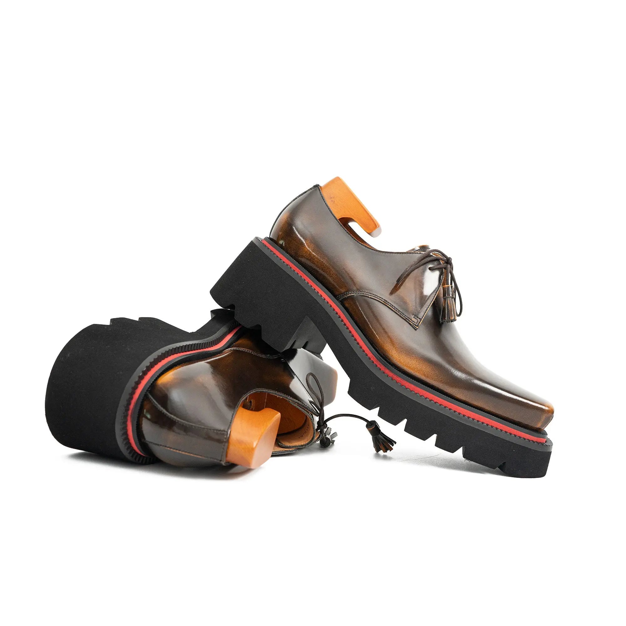 Brown Patent Leather Chunky Sole Derby Shoes Divinch