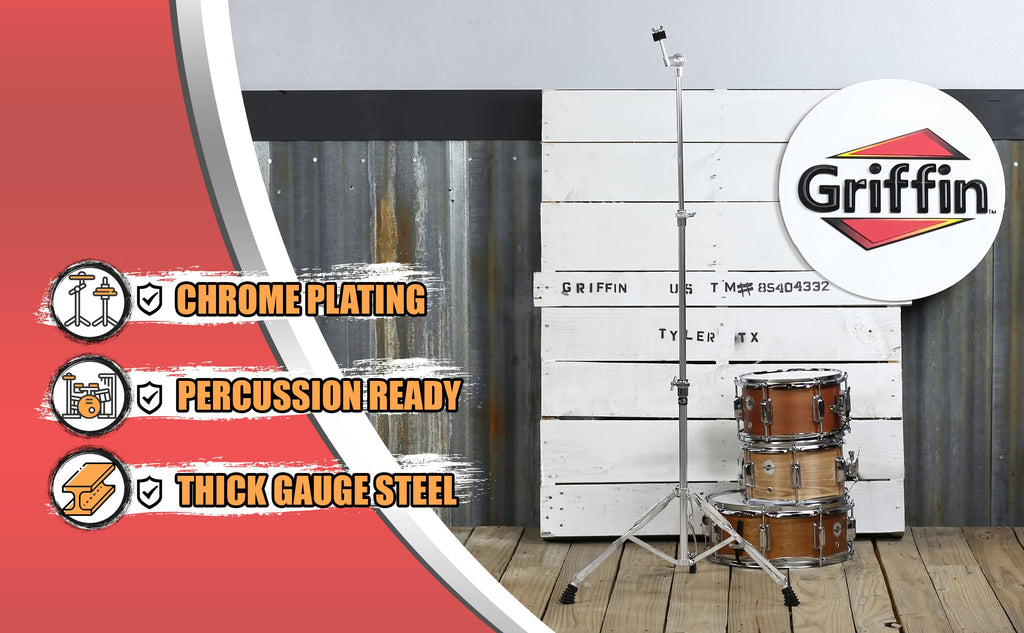 Straight Cymbal Stand by GRIFFIN | Deluxe Percussion Drum Hardware Set for Mounting Medium-Duty Crash, Ride & Splash Cymbals | Double Braced Legs, Slip-Proof Gear Holder | Light for Mobile Drummers GeekStands.com