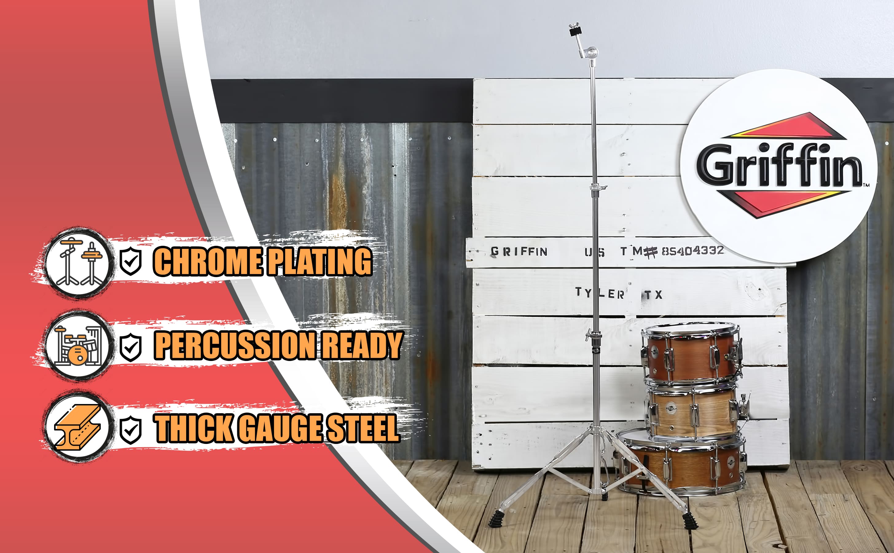 Straight Cymbal Stand by GRIFFIN | Deluxe Percussion Drum Hardware Set for Mounting Medium-Duty Crash, Ride & Splash Cymbals | Double Braced Legs, Slip-Proof Gear Holder | Light for Mobile Drummers GeekStands.com