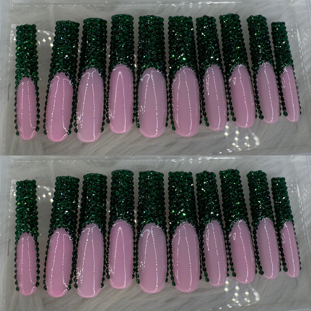 Green crystal long press on nails HOL stores