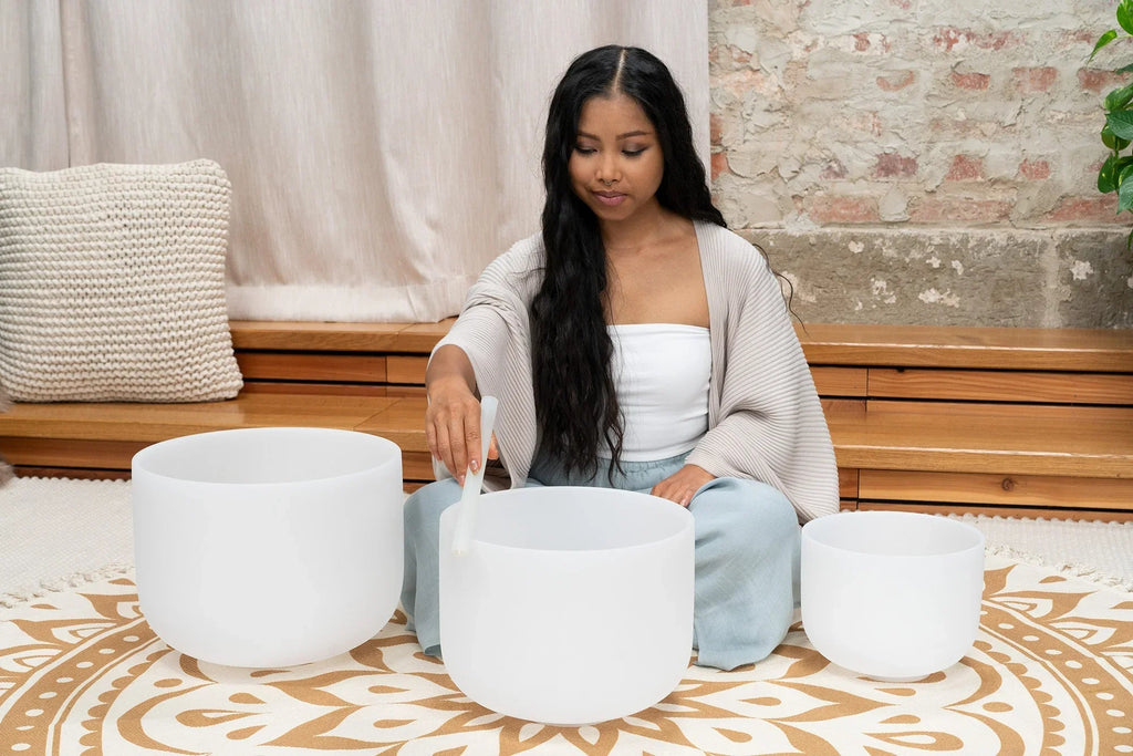 3-Piece White-Frosted Crystal Singing Bowl Set, A4/F4/C4, 432 Hz Utah Energy Healing Center