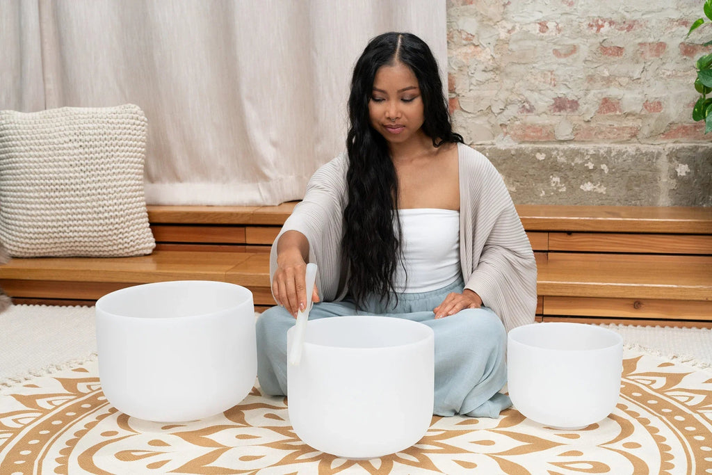 3-Piece White-Frosted Crystal Singing Bowl Set, A4/F4/D4, 432 Hz Utah Energy Healing Center