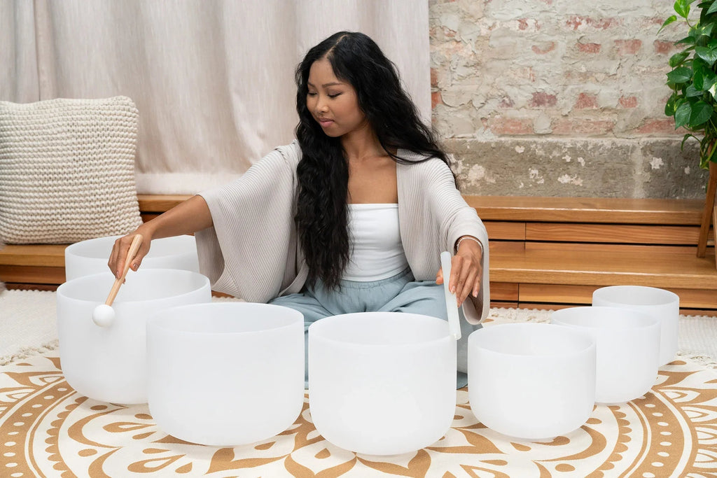 7-Piece White-Frosted Crystal Singing Bowl Chakra Set Utah Energy Healing Center