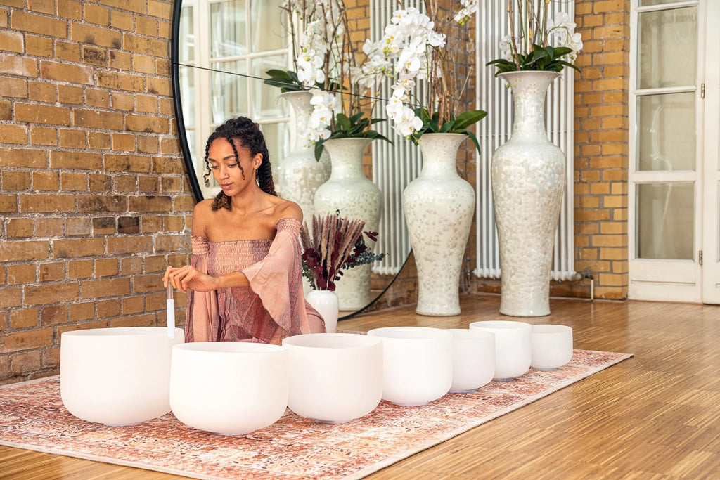 7-Piece White-Frosted Crystal Singing Bowl Chakra Set Utah Energy Healing Center