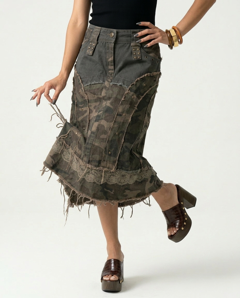 Daring Camouflage Lace Maxi Skirt Boho Brown