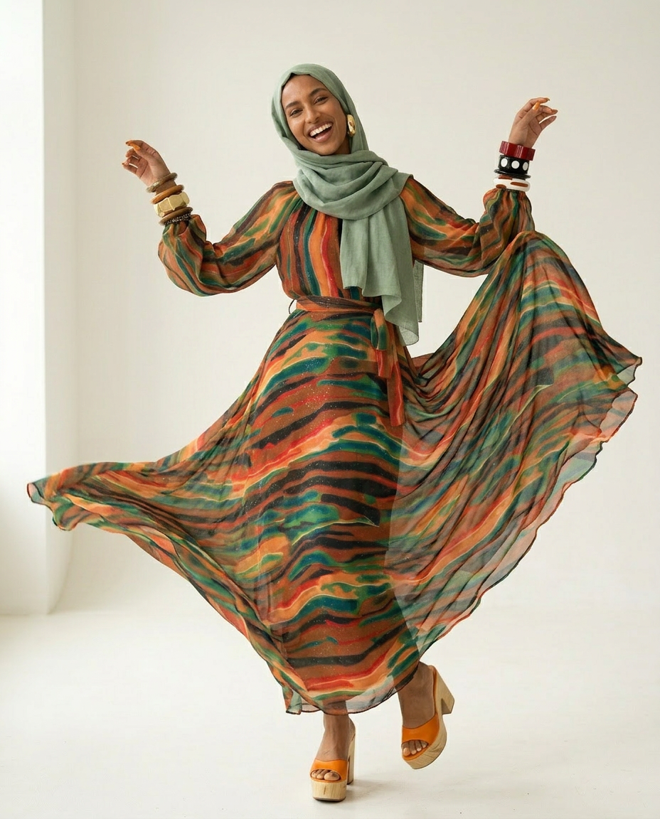 Vibrant Sparkle Printed Kaftan Boho Brown