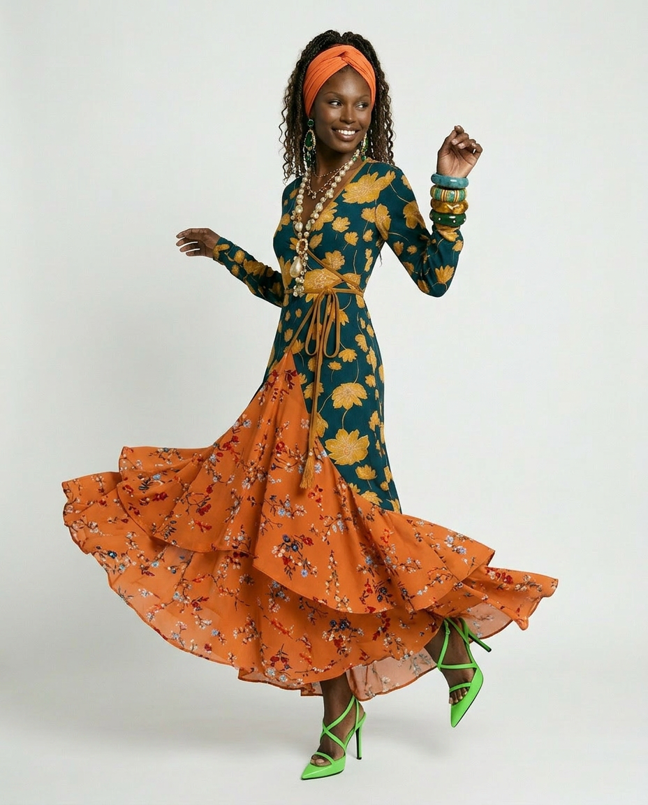 Wanderlust Patchwork Ruffled Maxi Dress Boho Brown