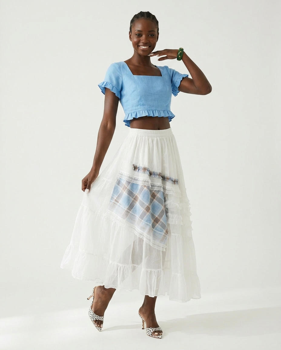 Sovereign Plaid Patchwork Maxi Skirt Boho Brown