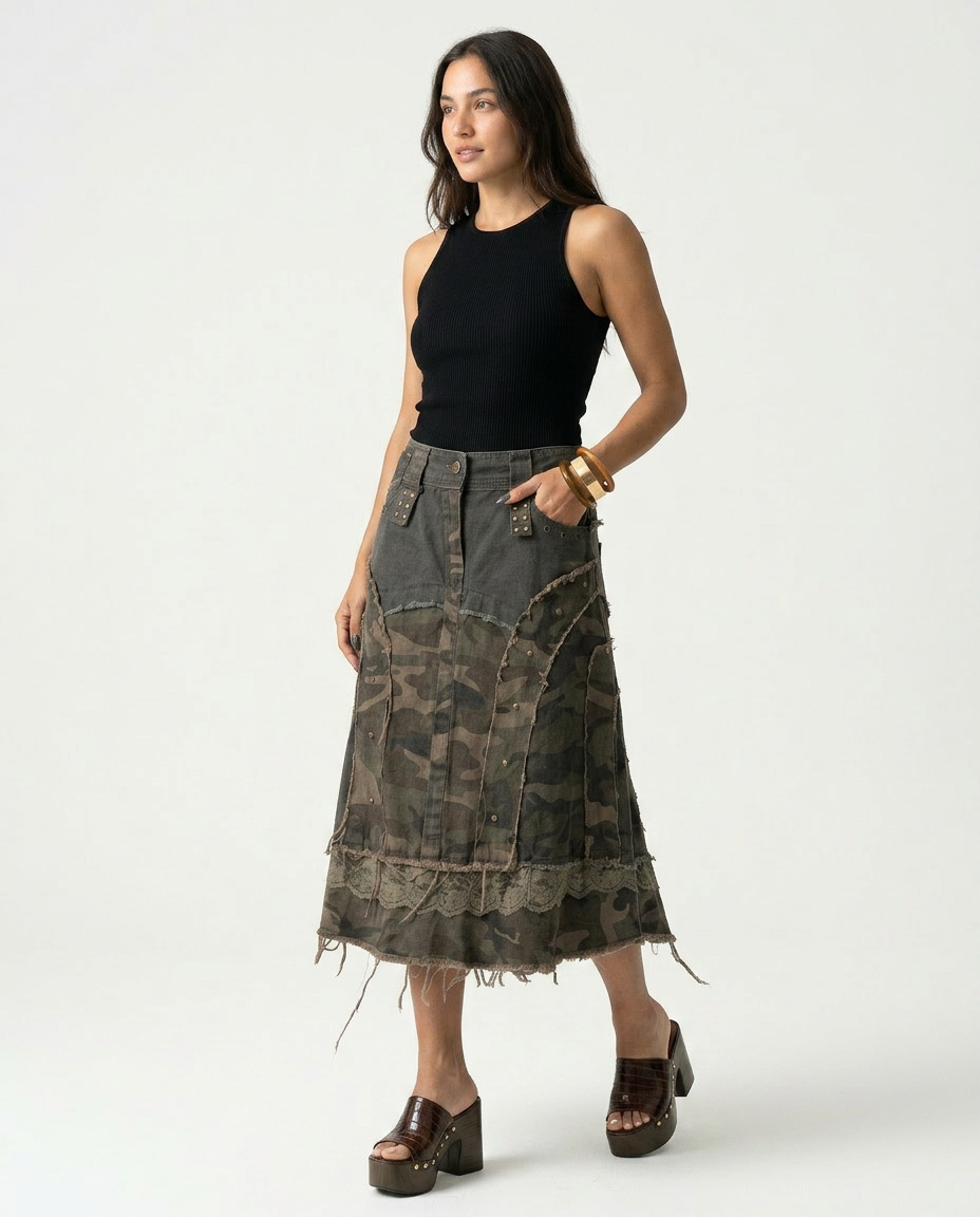 Daring Camouflage Lace Maxi Skirt Boho Brown
