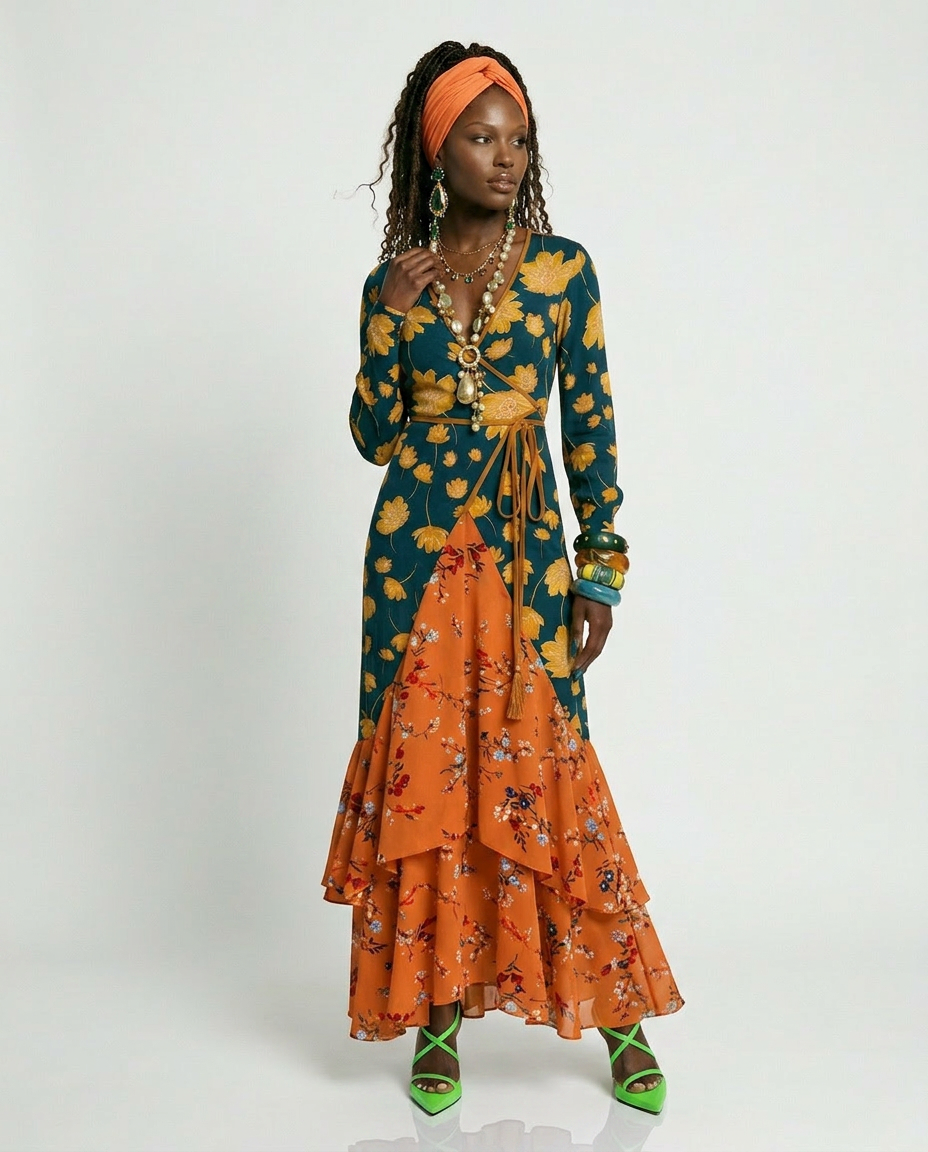 Wanderlust Patchwork Ruffled Maxi Dress Boho Brown