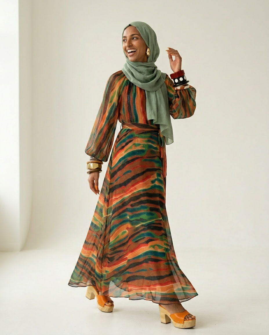 Vibrant Sparkle Printed Kaftan Boho Brown