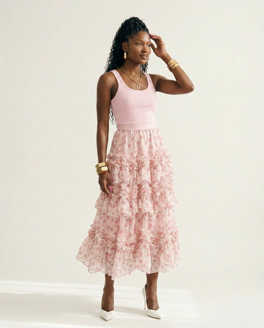 Divine Floral Ruffle Maxi Skirt Boho Brown