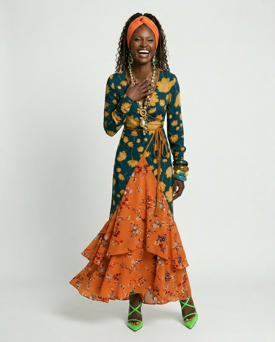 Wanderlust Patchwork Ruffled Maxi Dress Boho Brown