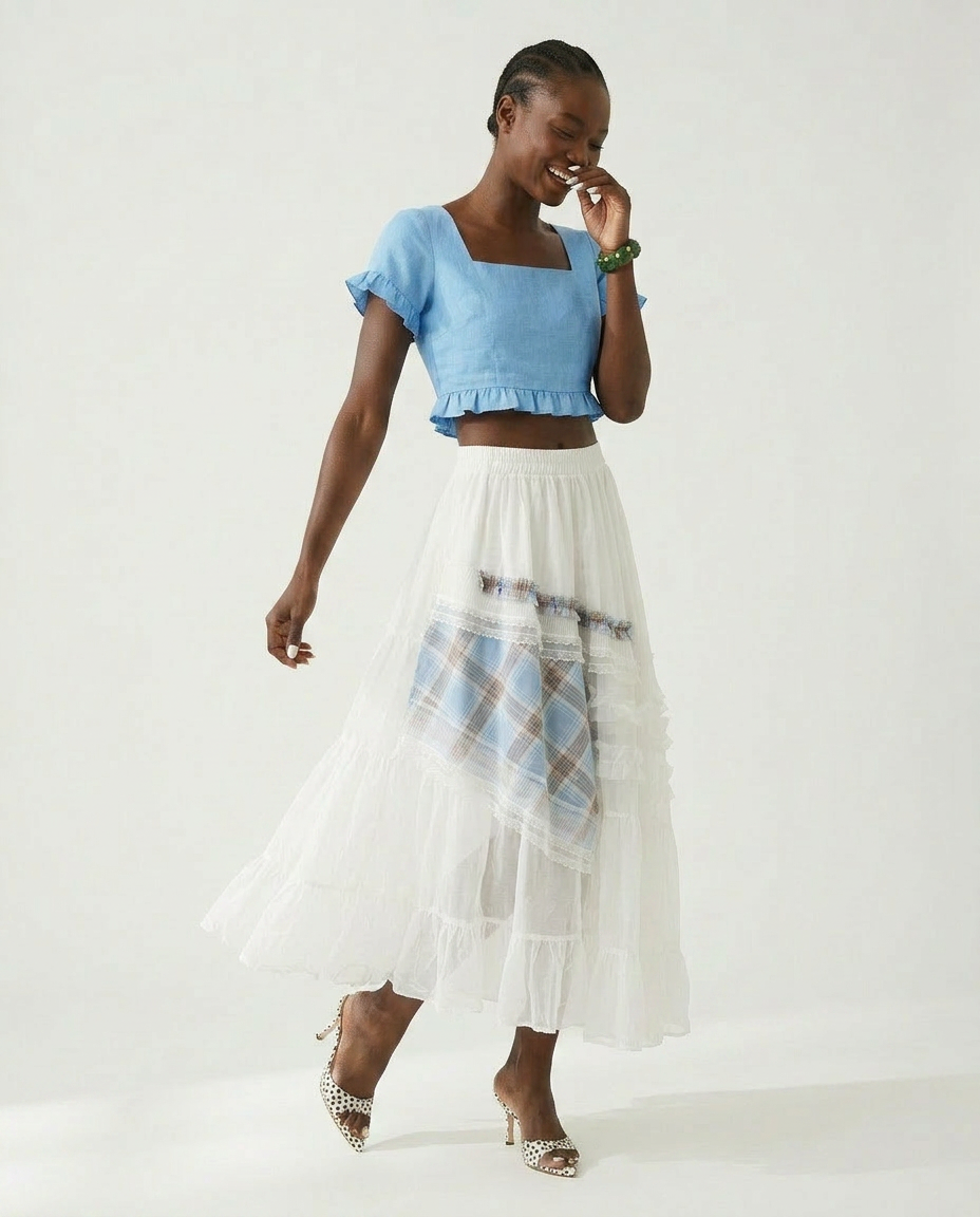 Sovereign Plaid Patchwork Maxi Skirt Boho Brown