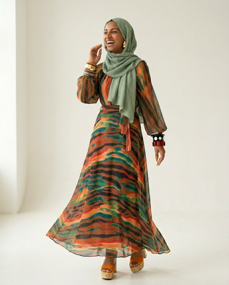 Vibrant Sparkle Printed Kaftan Boho Brown