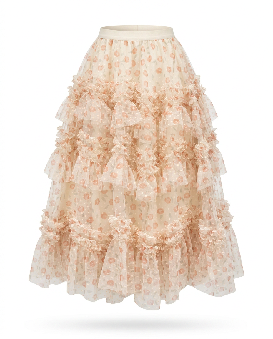 Divine Floral Ruffle Maxi Skirt Boho Brown