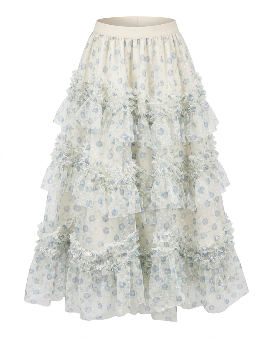 Divine Floral Ruffle Maxi Skirt Boho Brown