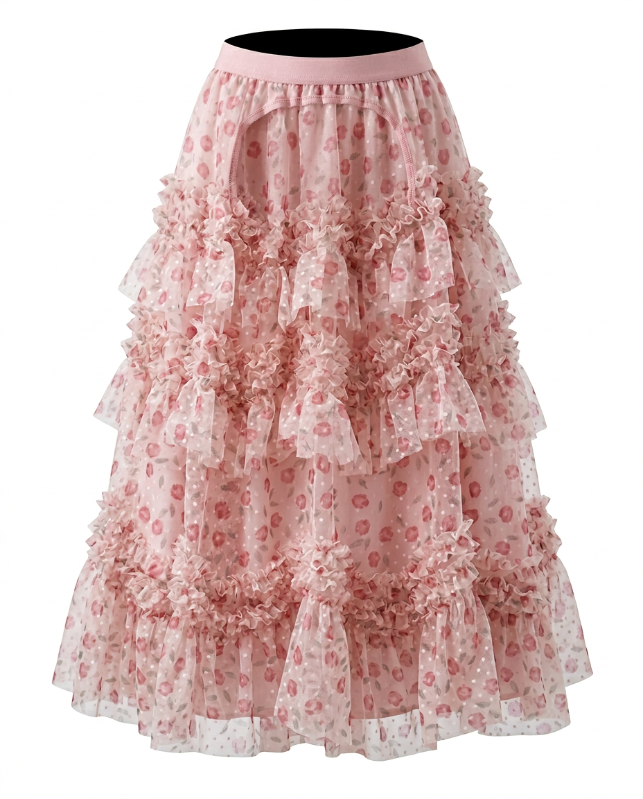Divine Floral Ruffle Maxi Skirt Boho Brown