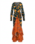 Wanderlust Patchwork Ruffled Maxi Dress Boho Brown
