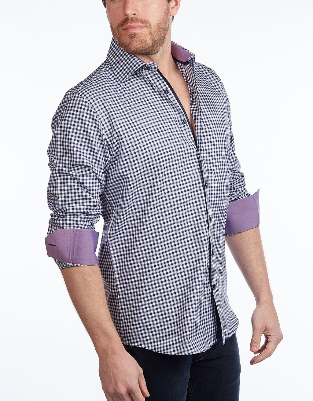 Contrast Collar Button-Up Shirt // Navy + Burgundy - Contemporary Fit - contrast  trimming- final sale LEVINAS® Official