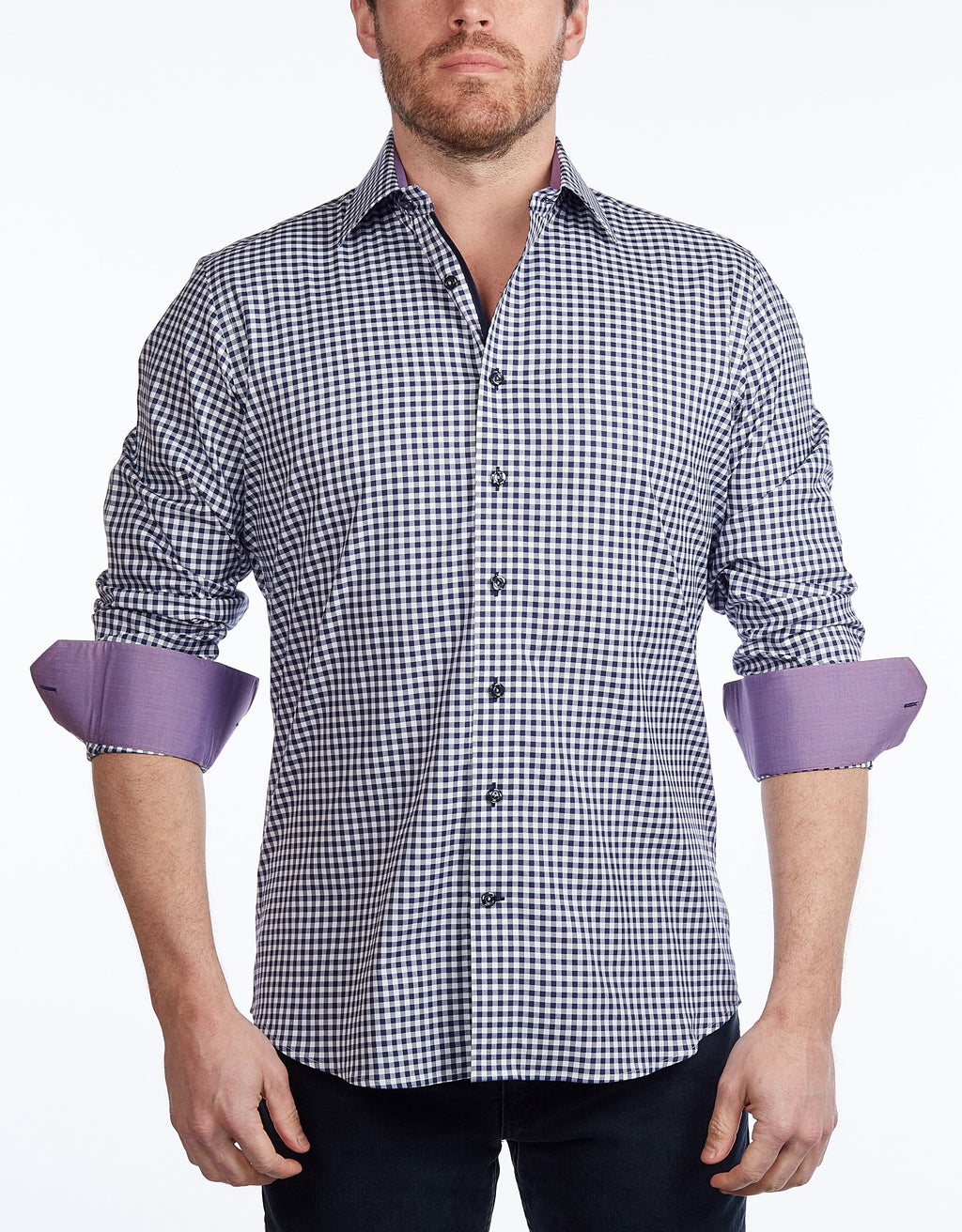 Contrast Collar Button-Up Shirt // Navy + Burgundy - Contemporary Fit - contrast  trimming- final sale LEVINAS® Official