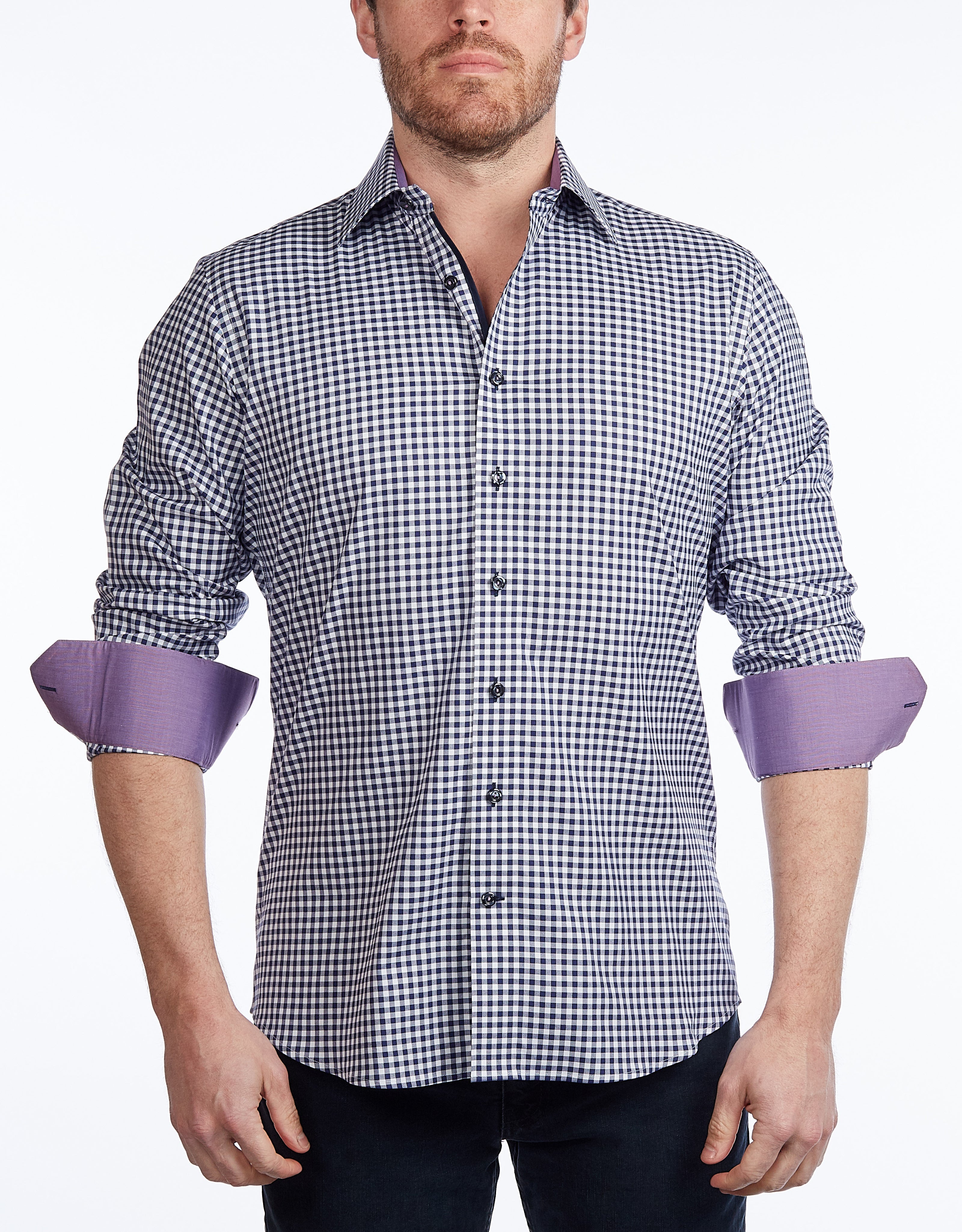 Contrast Collar Button-Up Shirt // Navy + Burgundy - Contemporary Fit - contrast  trimming- final sale LEVINAS® Official