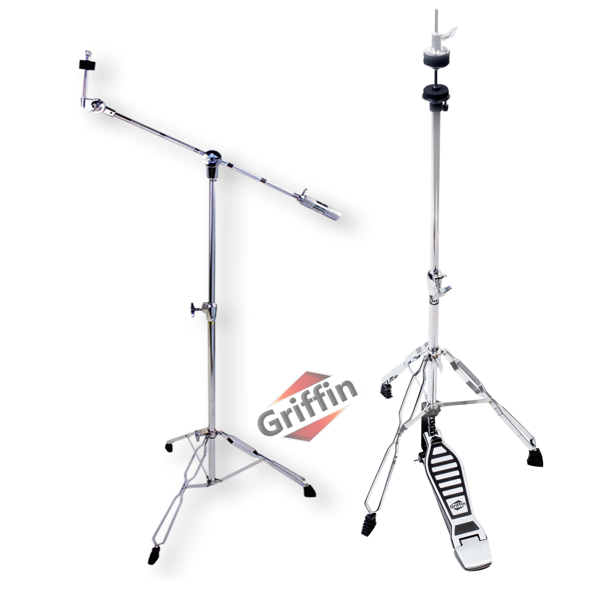 Deluxe PACK Set -  Hi-Hat Stand & Cymbal Boom Stand Kit (2x Stands) by GRIFFIN - Hi-Hat Pedal with Pull Chain, Chrome Double-Braced Legs & Counterweight Adapter for Crash, Ride & Splash Cymbals GeekStands.com