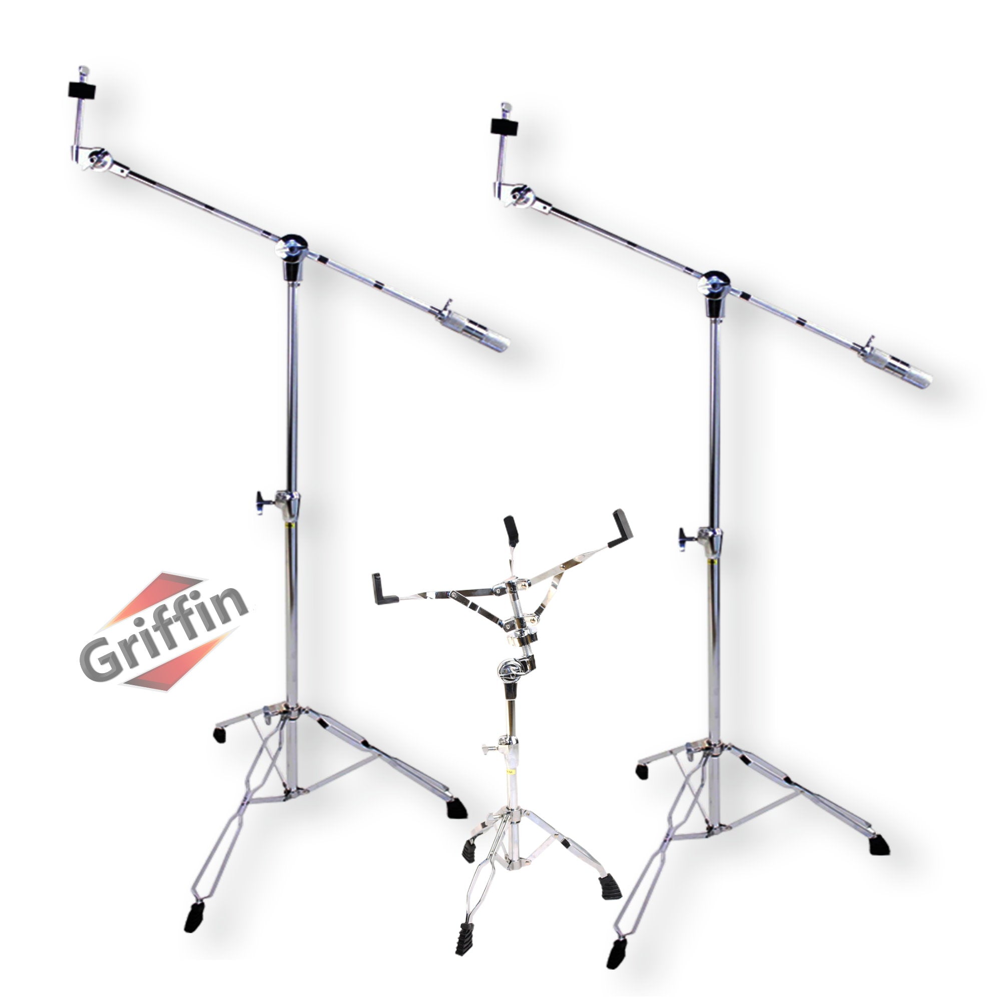3 PACK - Cymbal Stand With Boom Arm & Snare Drum Stand Kit by GRIFFIN | Percussion Chrome Gear Hardware Set with Double Braced Legs | Counterweight Adapter for Mounting Crash, Ride, Splash Cymbals GeekStands.com