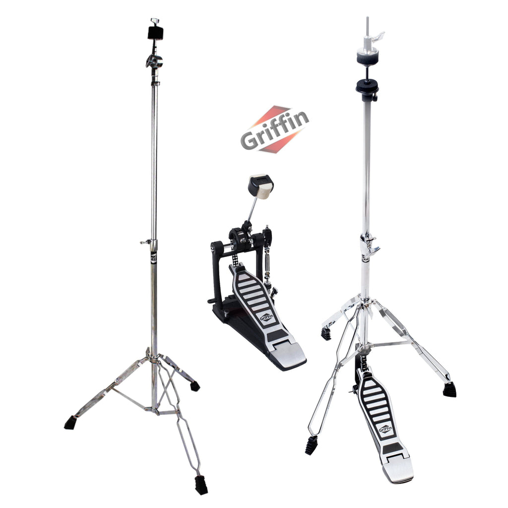3 PACK - Hi-Hat Stand, Kick Drum Pedal & Straight Cymbal Stand Hardware Kit by GRIFFIN | Deluxe Full Size Percussion Chrome Hardware Set | Lightweight, Portable & Mobile, Perfect for Drummer Gigs GeekStands.com
