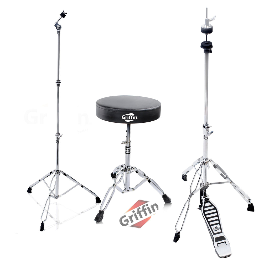 GRIFFIN Drum Hardware (3 Piece Set) - Hi-Hat Stand, Drummer's Throne Seat & Straight Cymbal Stand - Deluxe Chrome Percussion Set for Mounting Medium-Duty Crash, Ride & Splash Cymbals GeekStands.com