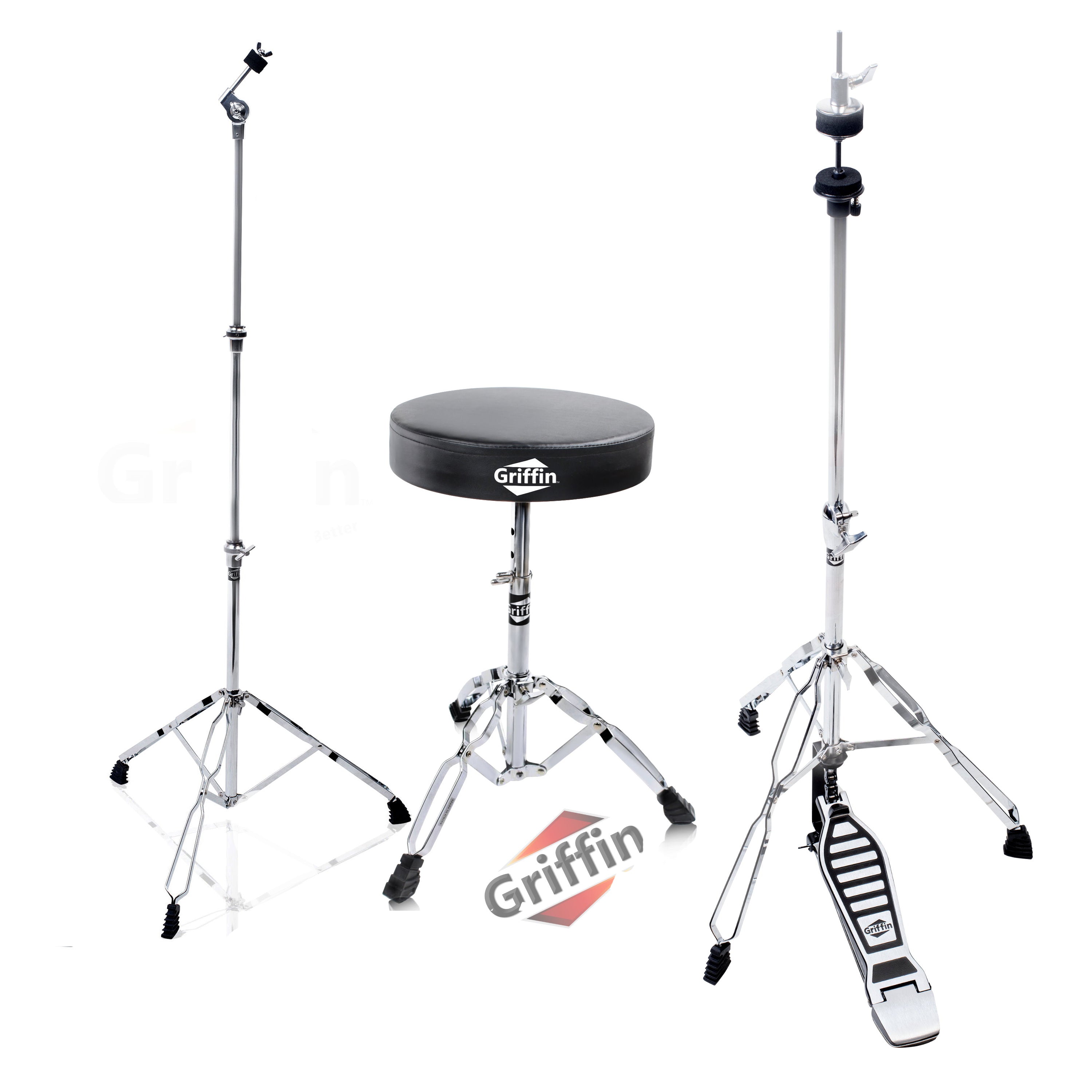 GRIFFIN Drum Hardware 3 PACK - Hi-Hat Stand, Drummers Throne Seat & Straight Cymbal Stand | Deluxe Chrome Slip-Proof Gear Holder Percussion Set for Mounting Medium-Duty Crash, Ride & Splash Cymbals GeekStands.com