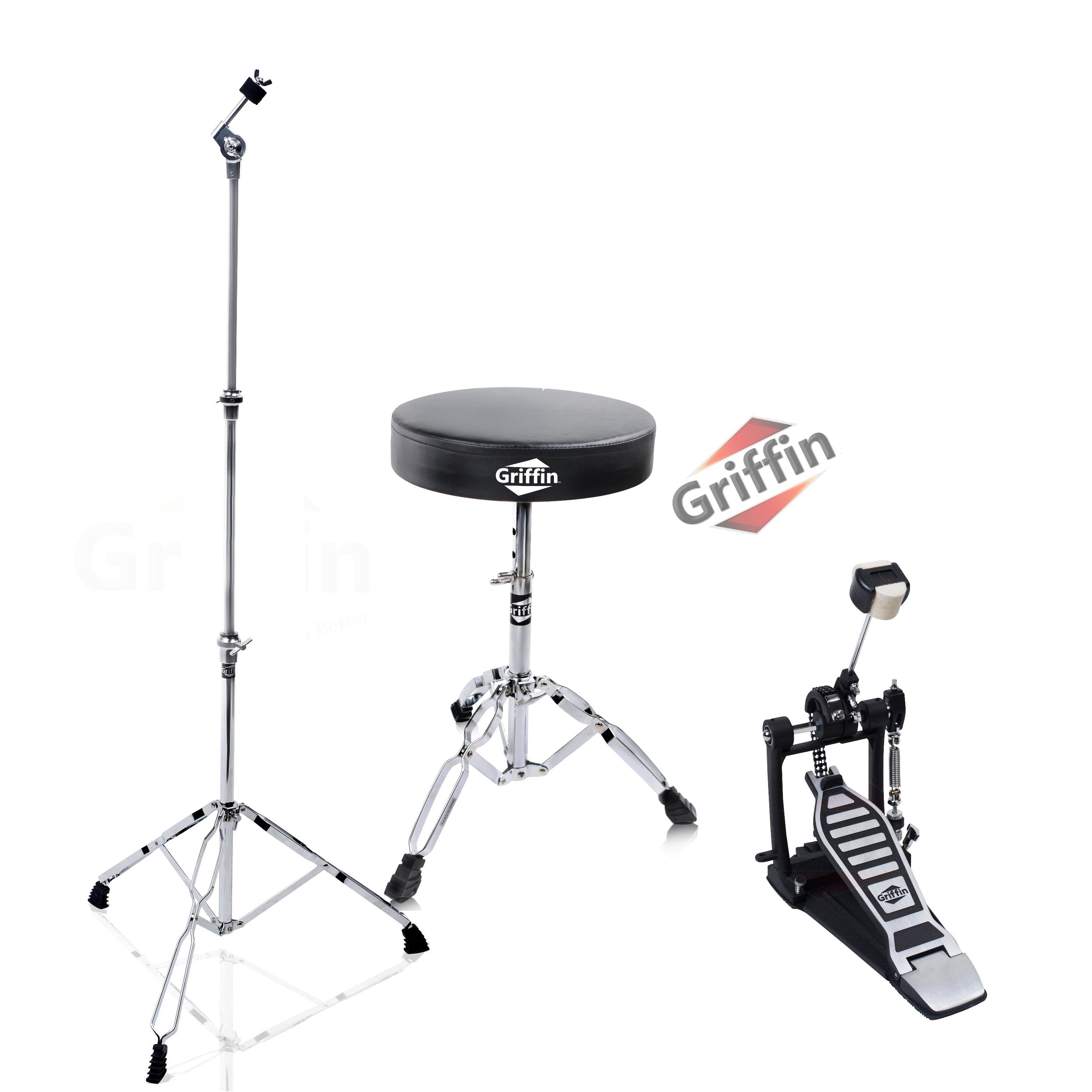 GRIFFIN Drum Hardware Set (3 Piece Kit) - Kick Drum Pedal, Drummer's Throne Seat & Straight Cymbal Stand - Deluxe Chrome Percussion Set for Mounting Crash, Ride & Splash Cymbals GeekStands.com