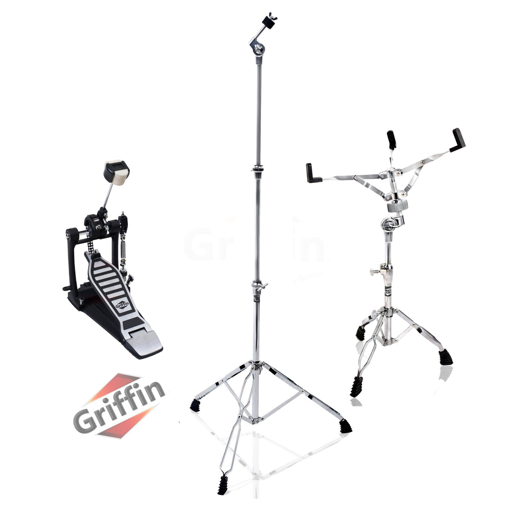 Drum Hardware Set 3 PACK by GRIFFIN - Kick Drum Pedal, Snare Stand & Straight Cymbal Stand | Deluxe Double Chain Full Steel Foot Pedal for Intense Play | Slip-Proof Gear Tilter & Clamp Basket Holder GeekStands.com