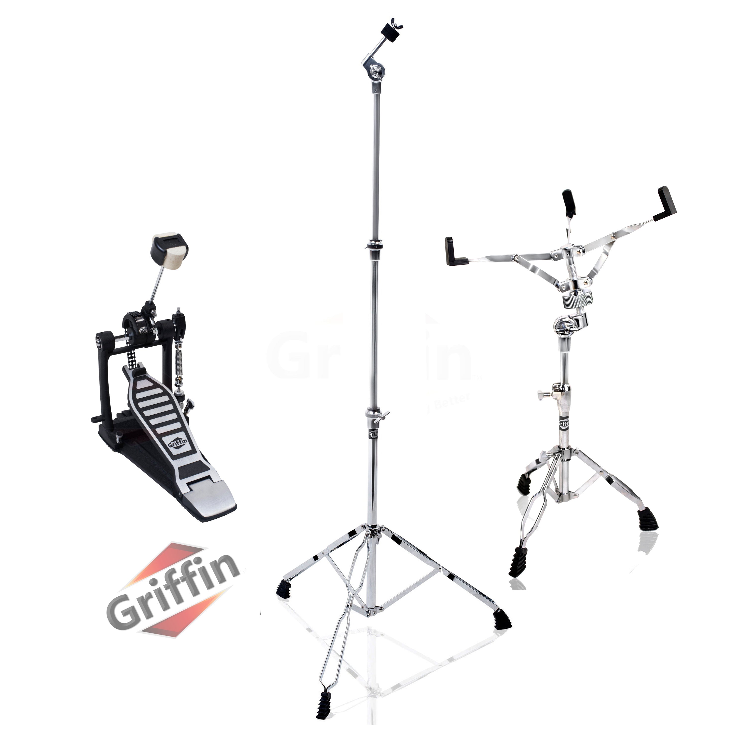 Drum Hardware Set 3 PACK by GRIFFIN - Kick Drum Pedal, Snare Stand & Straight Cymbal Stand | Deluxe Double Chain Full Steel Foot Pedal for Intense Play | Slip-Proof Gear Tilter & Clamp Basket Holder GeekStands.com