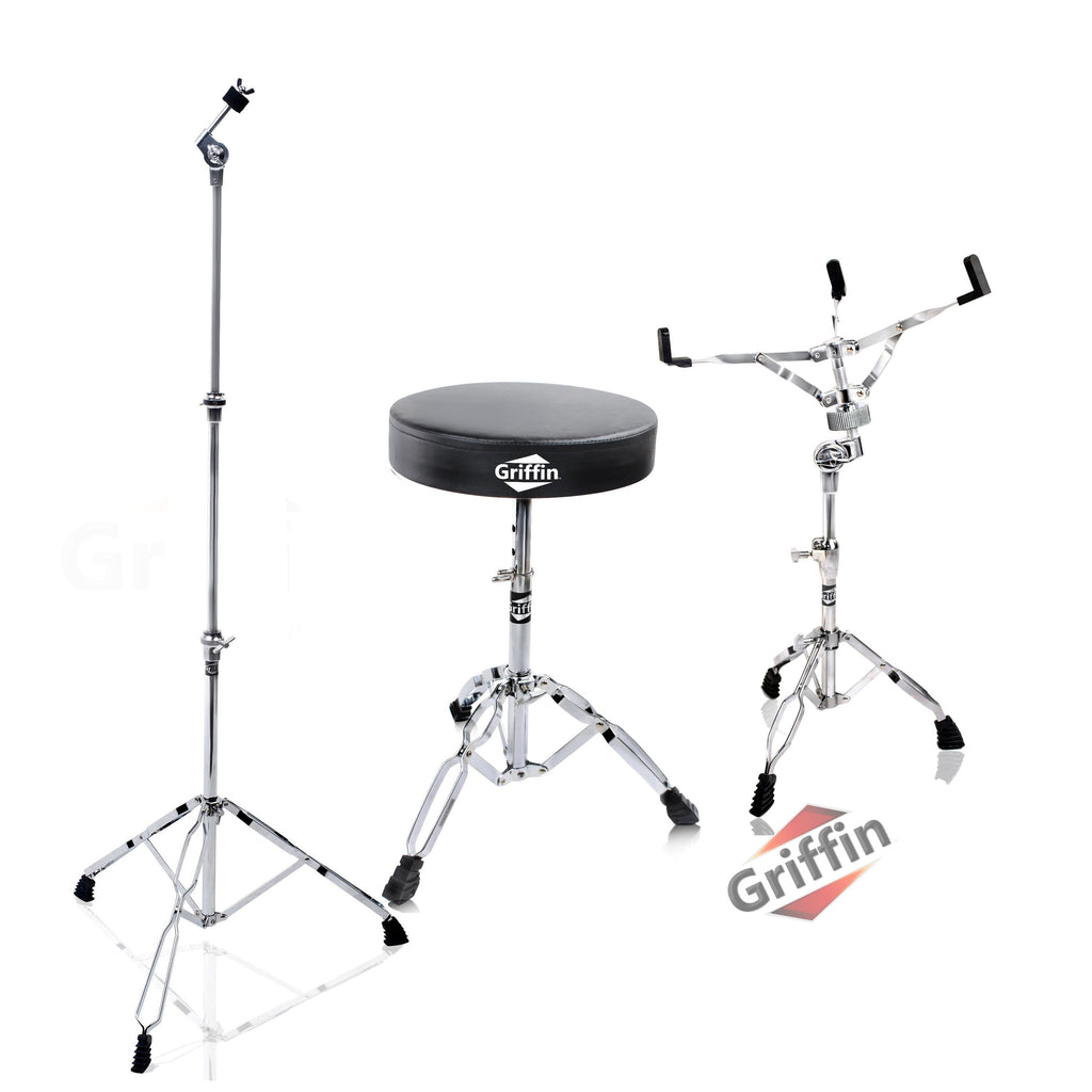 Drummers Throne Seat, Snare Drum Stand & Straight Cymbal Stand Hardware Set 3 PACK by GRIFFIN | Comfortable Percussion Chair for Adults | Light Weight Mount for Standard Drums, Tom-Toms & Practice Pad GeekStands.com