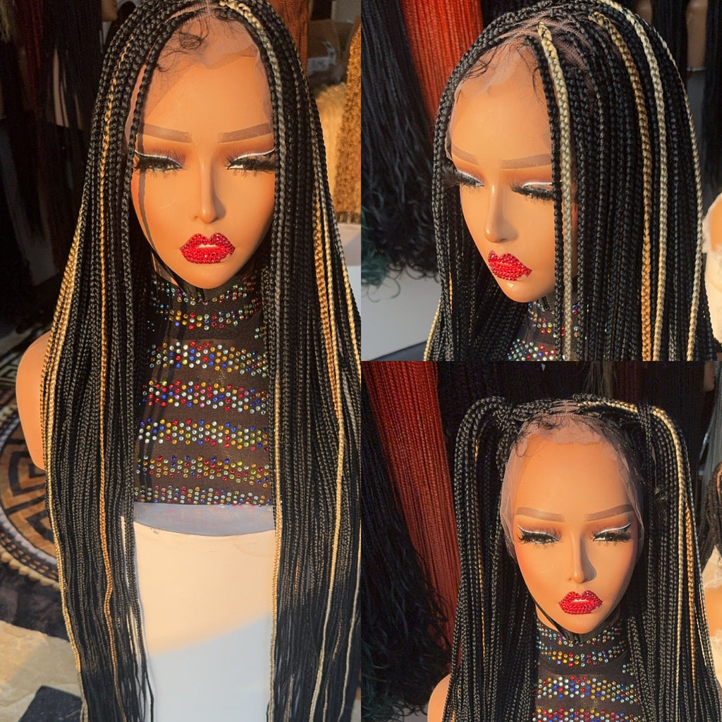 Black knotless braided wig with highlights HOL stores
