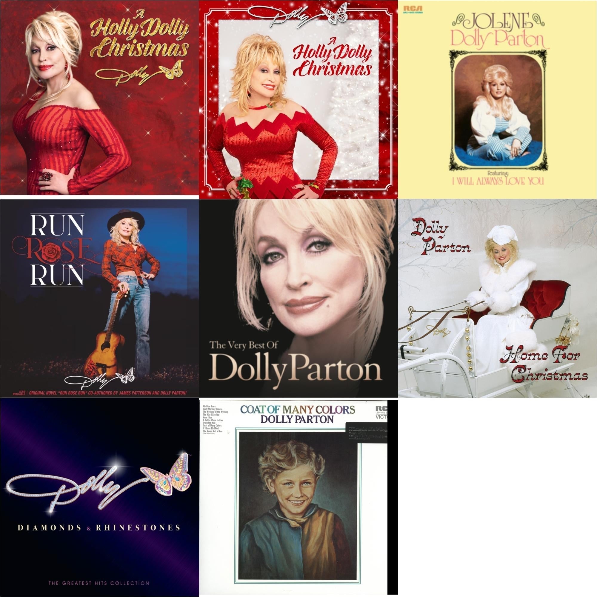 Dolly Parton - Holly Dolly Christmas (Ultimate Deluxe Edition) & Holly Dolly Christmas (Opaque Red LP Vinyl) & Jolene (140G/Dl Insert) & Run Rose Run & Very Best Of Dolly Parton (2LP) & Home For Christmas (140G) & Diamonds & Rhinestones: The Greatest Bundle Music