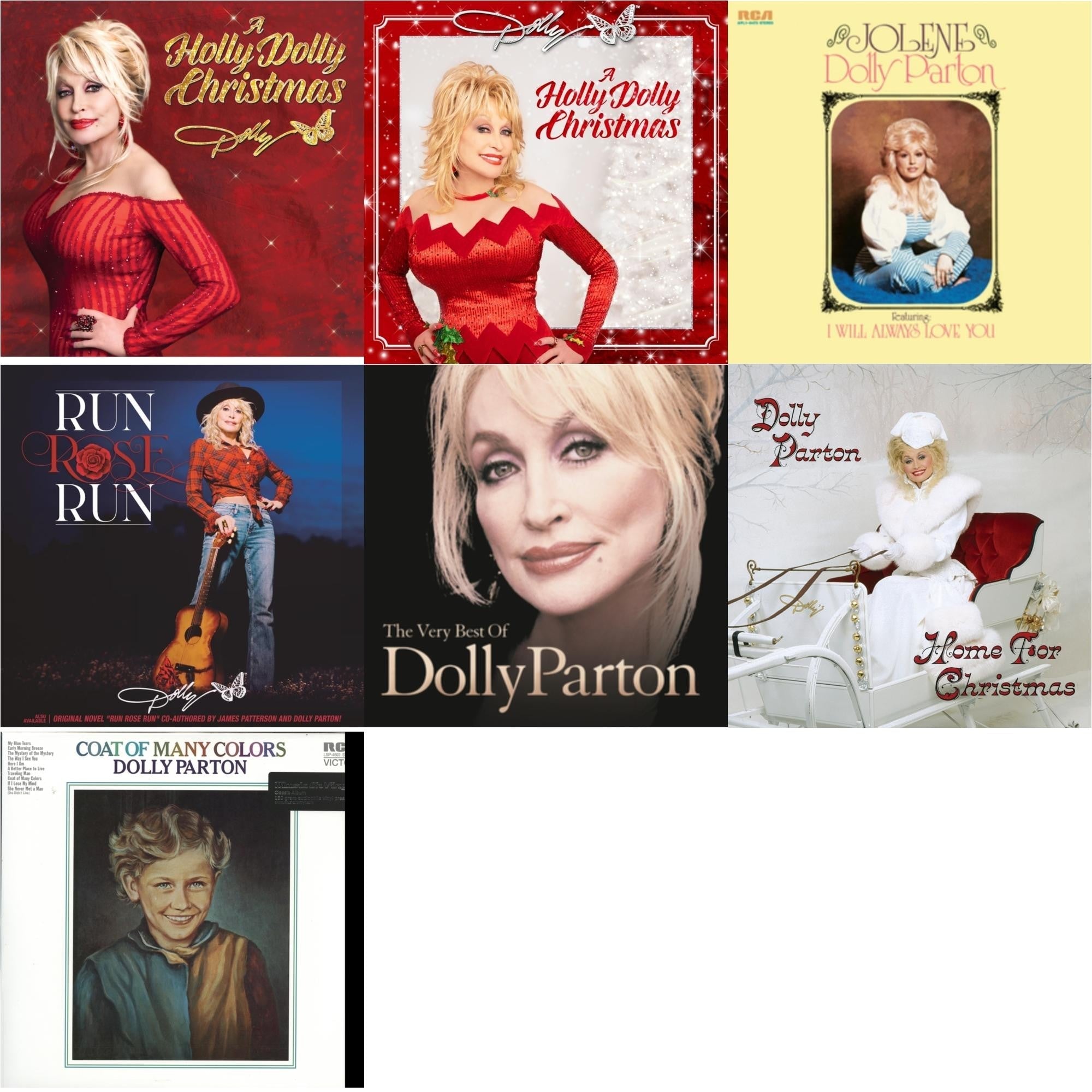 Holly Dolly Christmas (Ultimate Deluxe Edition) & Holly Dolly Christmas (Opaque Red LP Vinyl) & Jolene (140G/Dl Insert) & Run Rose Run & Very Best Of Dolly Parton (2LP) & Home For Christmas (140G) & Coat Of Many Colors (180G) Bundle Music