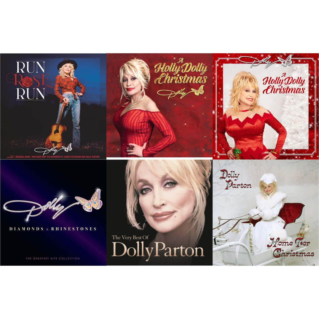 Dolly Parton - Run Rose Run & Holly Dolly Christmas (Ultimate Deluxe Edition) & Holly Dolly Christmas (Opaque Red LP Vinyl) & Diamonds & Rhinestones: The Greatest Hits Collection (2LP) & Very Best Of Dolly Parton (2LP) & Home For Christmas (140G) Bundle Music