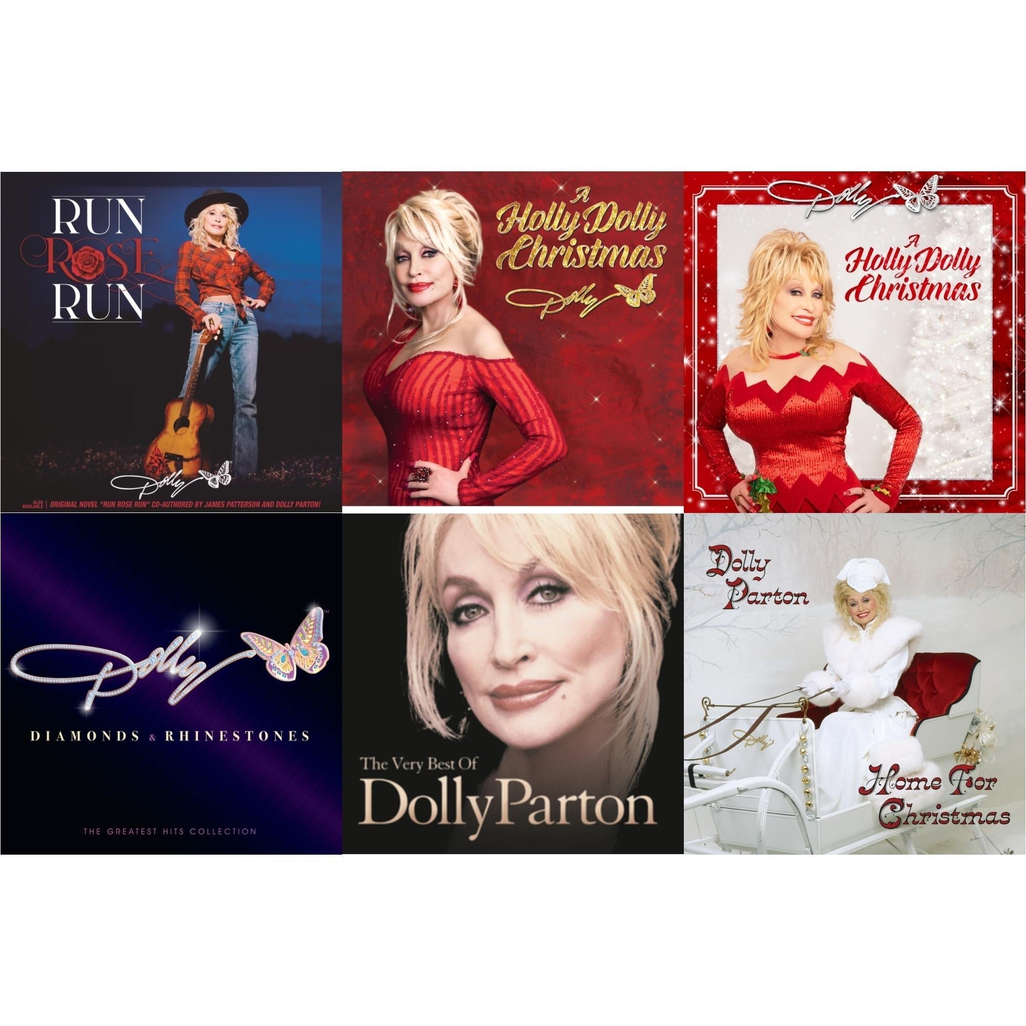 Dolly Parton - Run Rose Run & Holly Dolly Christmas (Ultimate Deluxe Edition) & Holly Dolly Christmas (Opaque Red LP Vinyl) & Diamonds & Rhinestones: The Greatest Hits Collection (2LP) & Very Best Of Dolly Parton (2LP) & Home For Christmas (140G) Bundle Music