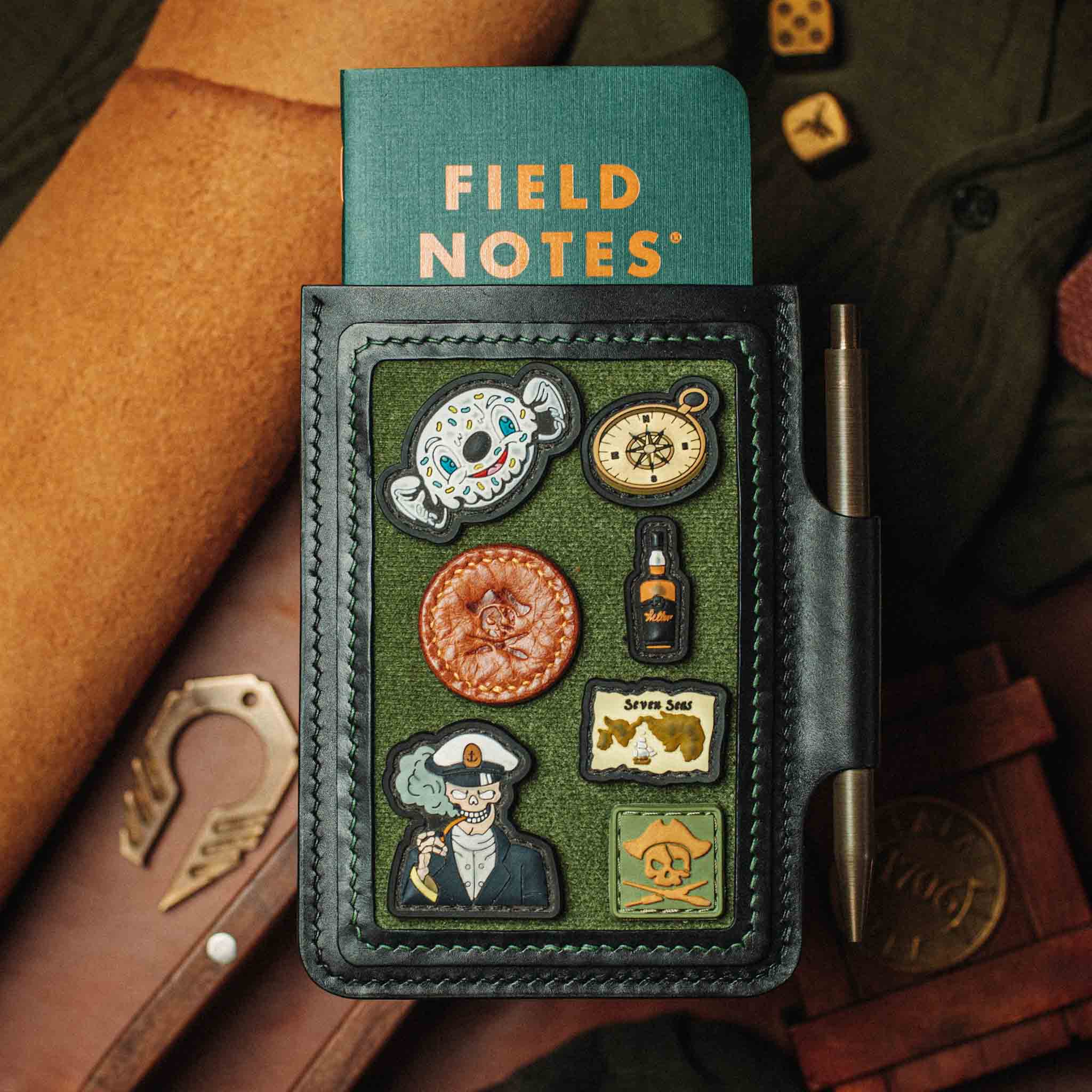 Velcro Journal Cover - Helmsman | Leather Field Notes Holder | Patch Display Pirate Goods