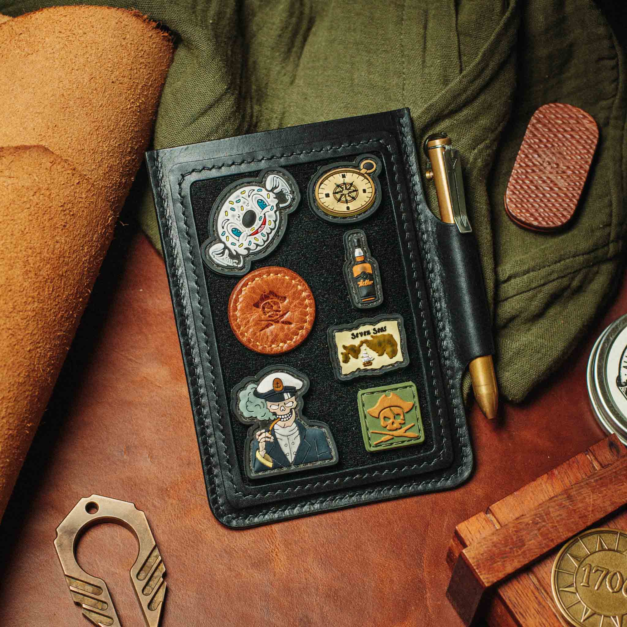 Velcro Journal Cover - Helmsman | Leather Field Notes Holder | Patch Display Pirate Goods
