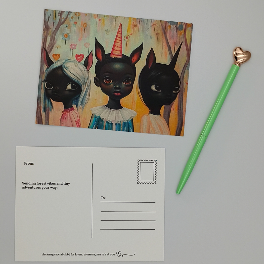 Black Art Postcard | Black Girl Unicorns + Forest Fantasy artwork Black Magic Social Club