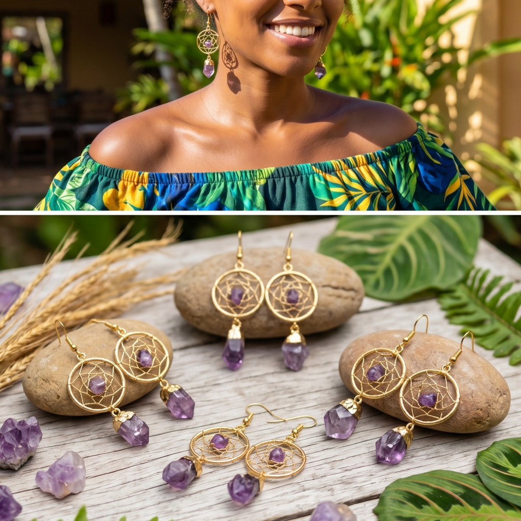 DreamCatcher Earrings Pair (Amethyst Crystal)(Gold Plated)(Stainless Steel Hooks) Amazing Crystals