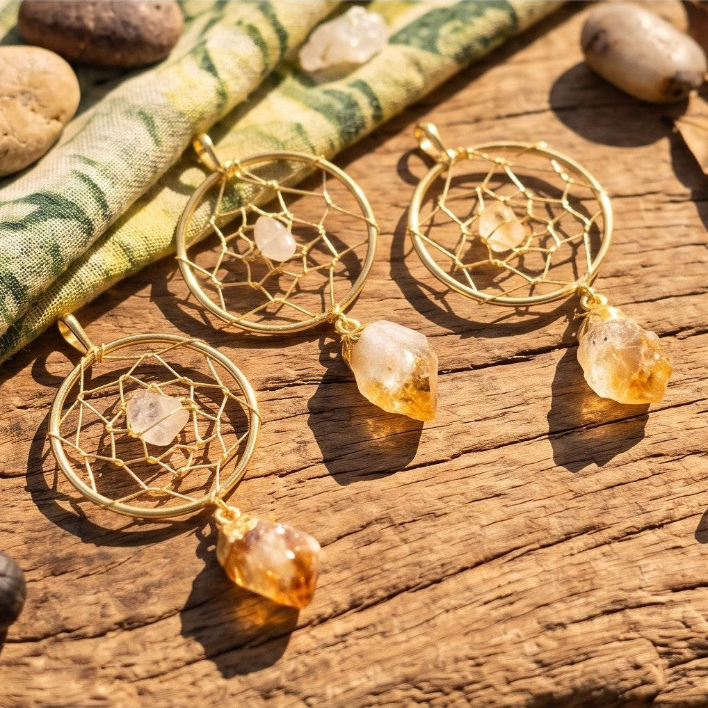 Dreamcatcher Pendant (Citrine Crystal Point)(Gold Plated) Amazing Crystals