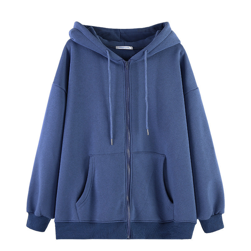 women's autumn and winter solid color zipper hooded sweatshirt