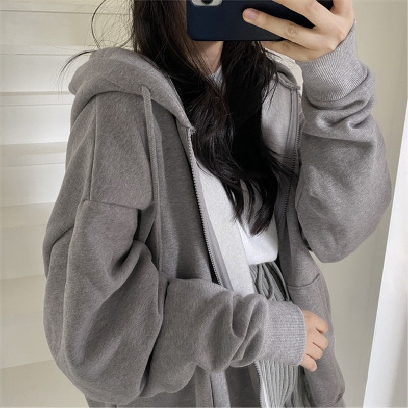 women's autumn and winter solid color zipper hooded sweatshirt