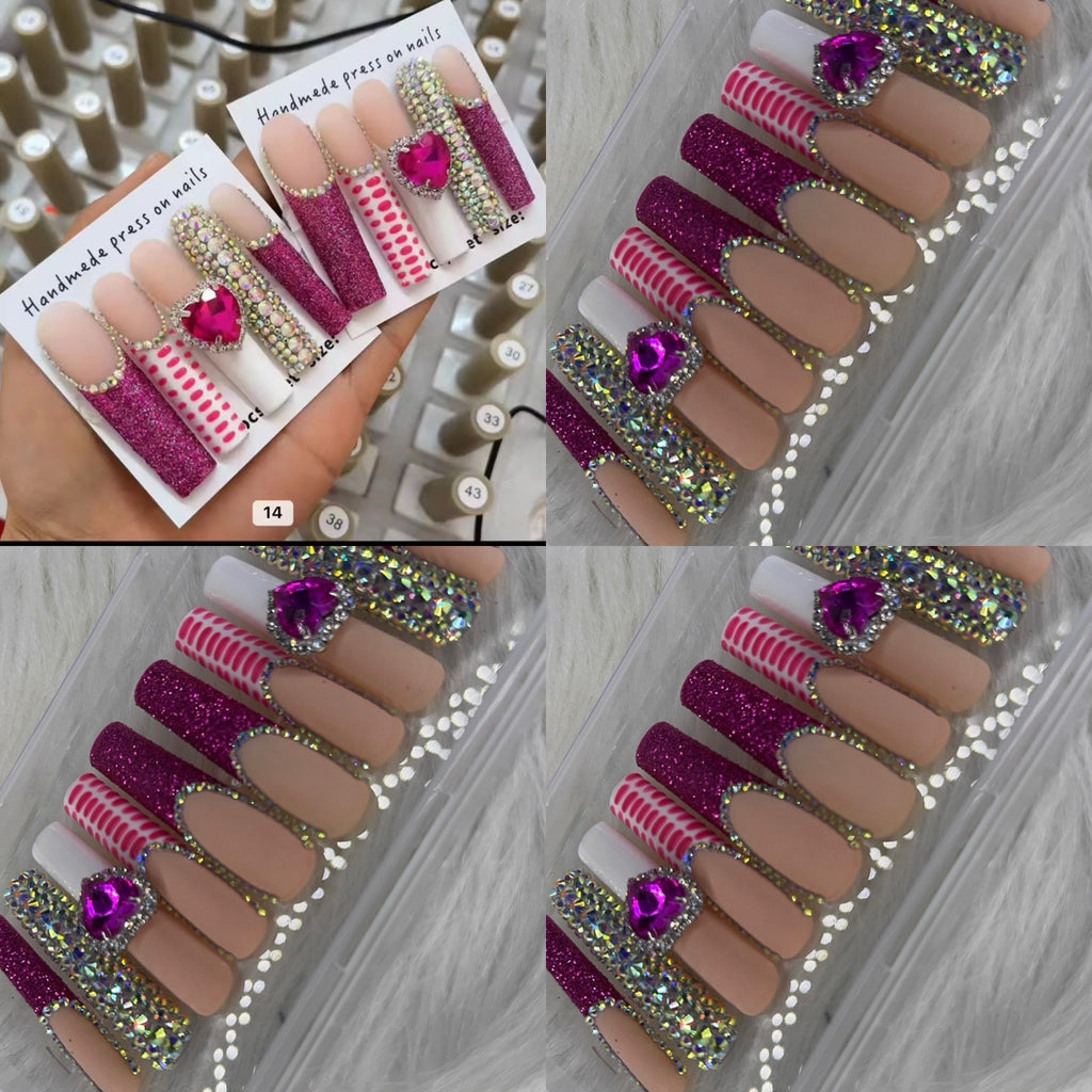 Pink long crystal press on nails HOL stores