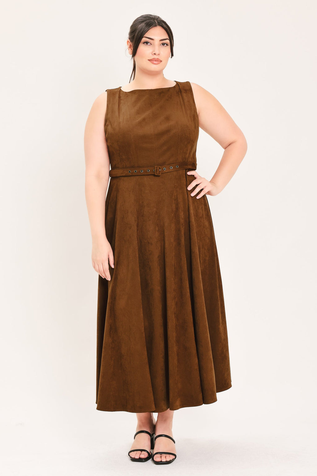 AMBER TOBACCO FAUX SUEDE MIDI DRESS Flying Tomato