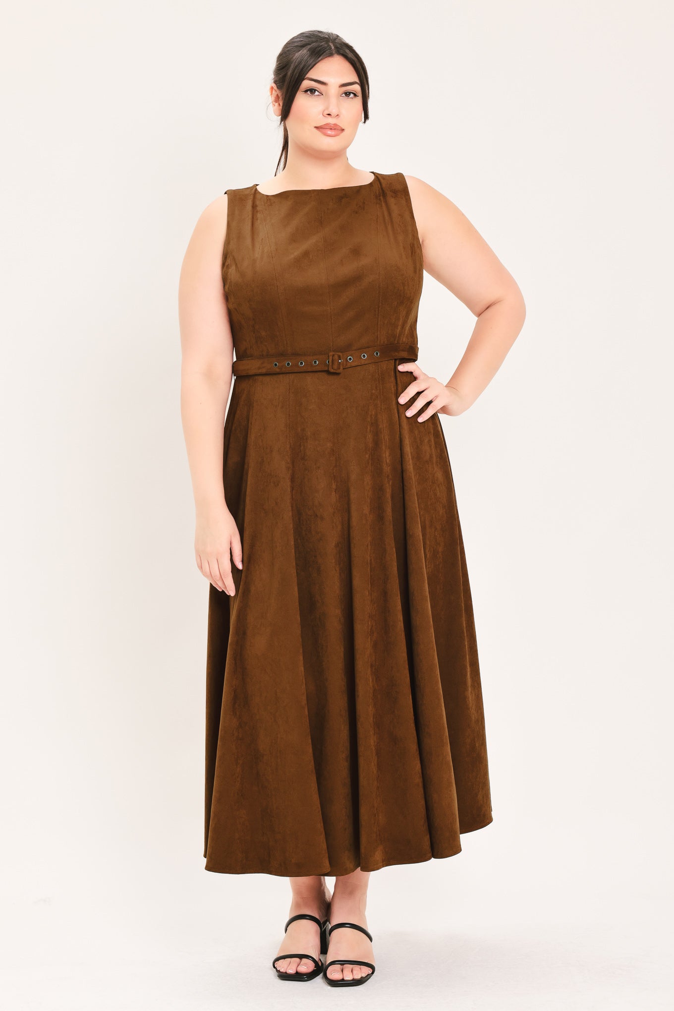 AMBER TOBACCO FAUX SUEDE MIDI DRESS Flying Tomato